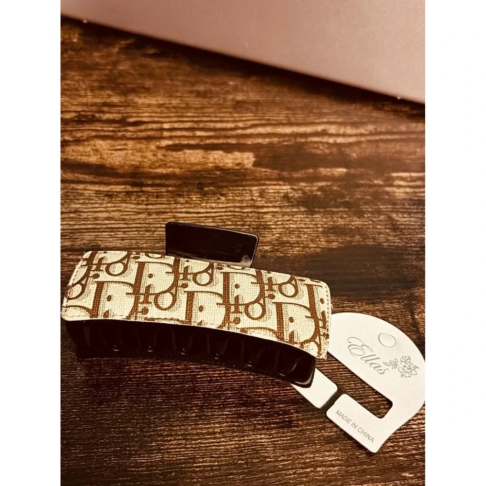 Designer Inspired Monogram Hair Claw Clip - Brown/Beige